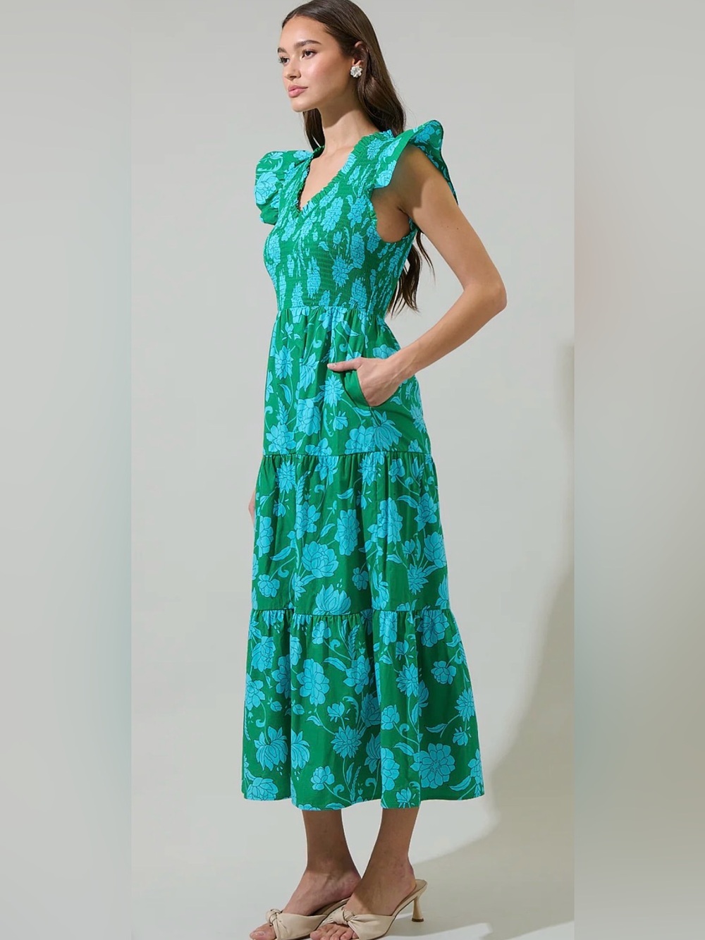 Sugarlips Waterlilly Floral Sunfire Smocked Bodice Tiered Midi Dress 2X - Picture 4 of 13
